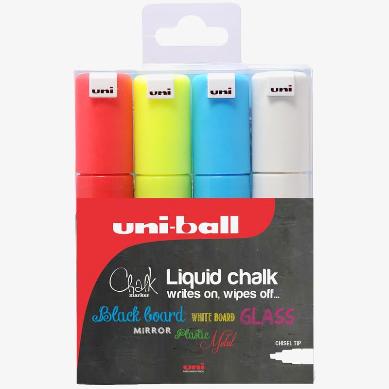 Uni-Ball Uni-Ball PWE-8K ChalkGlass Markers - Chisel Tip - Assorted Colours (Pack of 4)