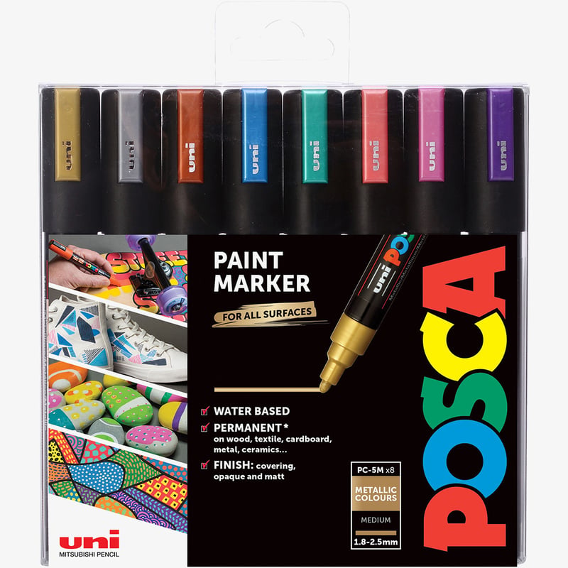 Uni-Ball POSCA PC-5M Medium Bullet Tip Marker Pens - Metallic Colours (Pack of 8)