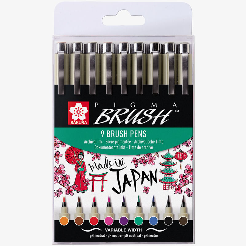 Sakura Sakura Pigma Brush Pens - Assorted Colours (Pack of 9)