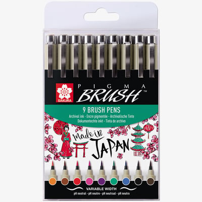Sakura Sakura Pigma Brush Pens - Assorted Colours (Pack of 9)