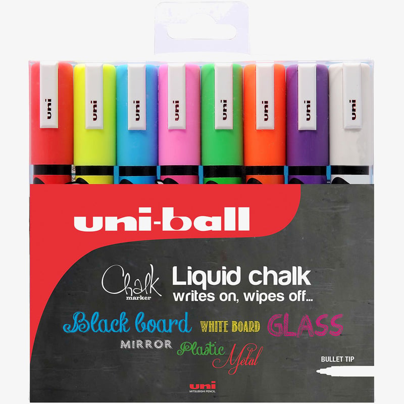 Uni-Ball Uni-Ball PWE-5M ChalkGlass Markers - Bullet Tip - Assorted Colours (Pack of 8)