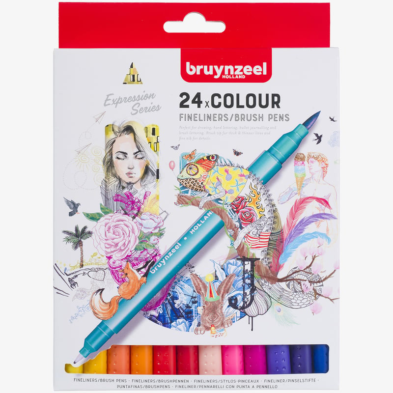 Bruynzeel Bruynzeel Fineliner & Brush Pen Set - Assorted Colours - Pack of 24