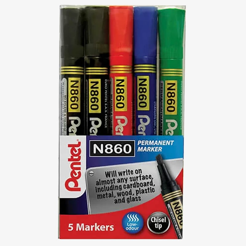 Pentel Pentel N860 Permanent Marker - Chisel Tip - Assorted Colours (Wallet of 5)