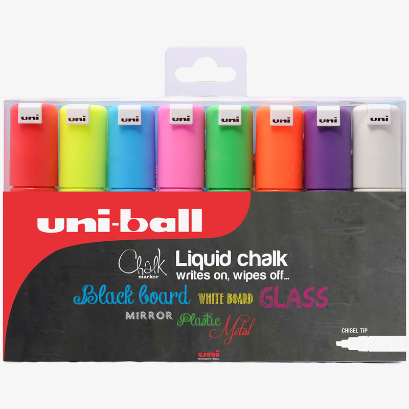 Uni-Ball Uni-Ball PWE-8K ChalkGlass Markers - Chisel Tip - Assorted Colours (Pack of 8)