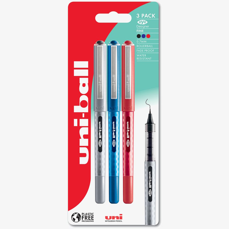Uni-Ball Uni-Ball UB-157D Eye Designer Rollerball Pens - Assorted Colours (Blister of 3)