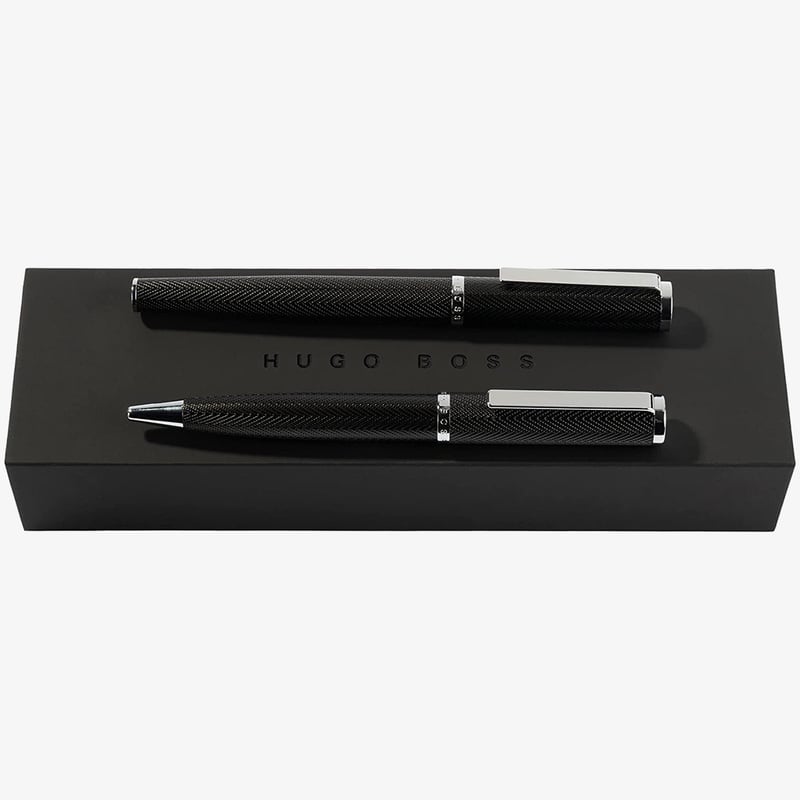 Hugo Boss Hugo Boss Formation Fountain & Ballpoint Pen Set - Herringbone Black Chrome Trim