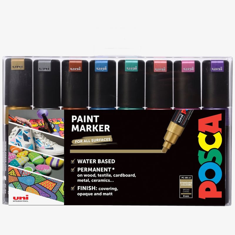 Uni-Ball POSCA PC-8K Broad Chisel Tip Marker Pens - Metallic Colours (Pack of 8)