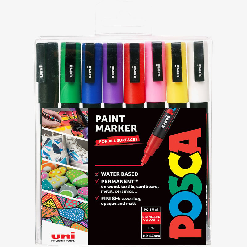 Uni-Ball POSCA PC-3M Fine Bullet Tip Marker Pens - Starter Colours (Pack of 8)
