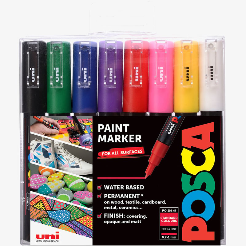 Uni-Ball POSCA PC-1M Extra-Fine Bullet Tip Marker Pens - Starter Colours (Pack of 8)