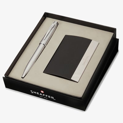 Sheaffer 100 Ballpoint Pen Gift Set - Brushed Chrome with Business Card Holder