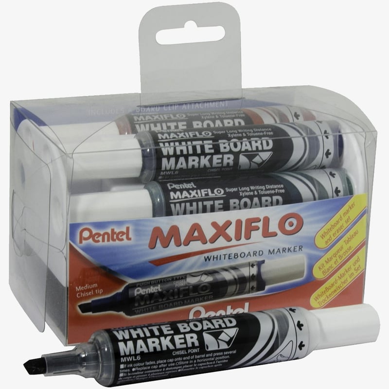Pentel Pentel Maxiflo Whiteboard Markers & Eraser Set - Chisel Tip