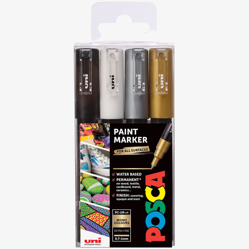 Uni-Ball POSCA PC-1M Extra-Fine Bullet Tip Marker Pens - Mono Tone Colours (Pack of 4)