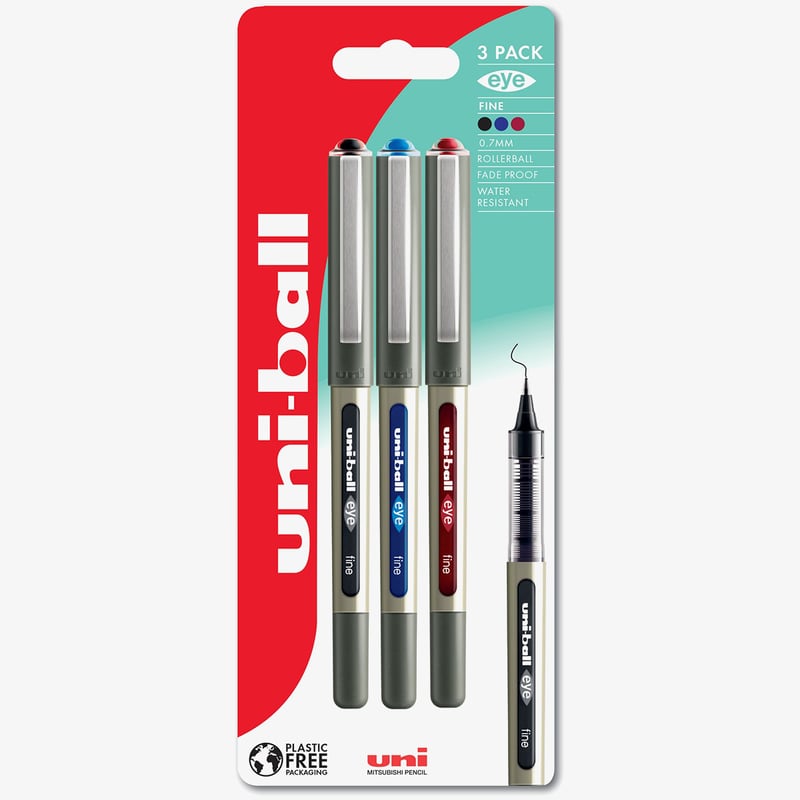 Uni-Ball Uni-Ball UB-157 Eye Fine Liquid Ink Rollerball Pens - Assorted Colours (Blister of 3)