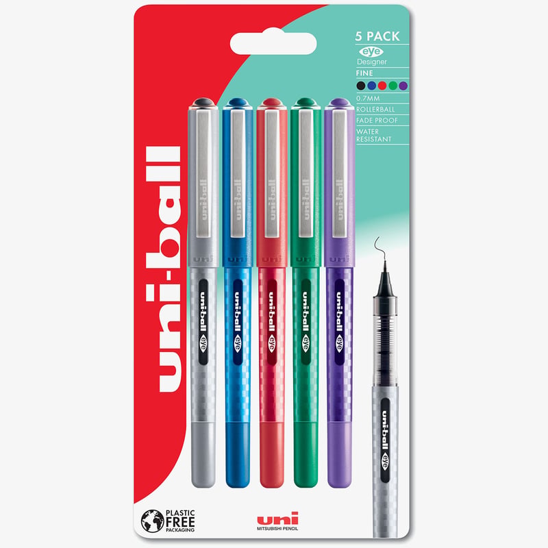 Uni-Ball Uni-Ball UB-157D Eye Designer Rollerball Pens - Assorted Colours (Blister of 5)