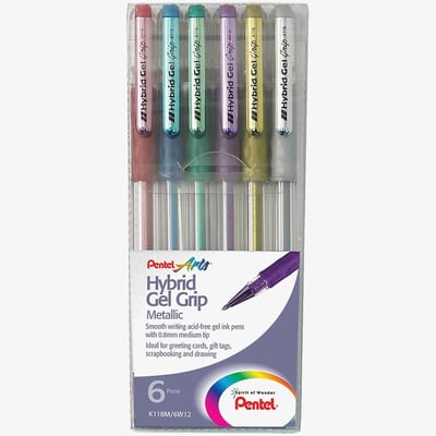 Pentel Pentel Hybrid Grip Gel Pens - Assorted Metallic Colours (Wallet of 6)