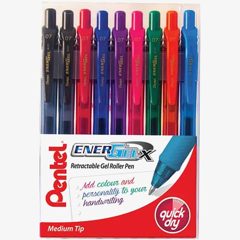 Pentel Pentel EnerGel X Retractable Rollerball Pen - Assorted Colours (Wallet of 9)