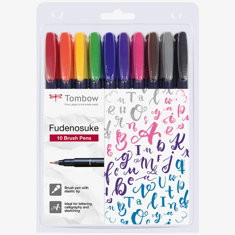 Tombow Tombow Fudenosuke Hard Tip Brush Pens - Assorted Colours (Pack of 10)
