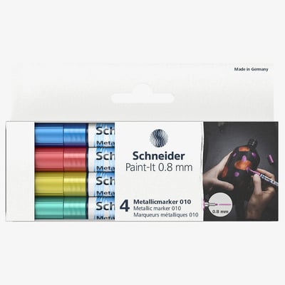 Schneider Paint-It 010 set of four metallic markers in a cardboard wallet, green yellow red and blue