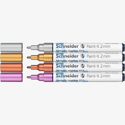 Schneider Paint-It 011 set of four 2mm metallic markers in a cardboard wallet, silver gold copper and violet