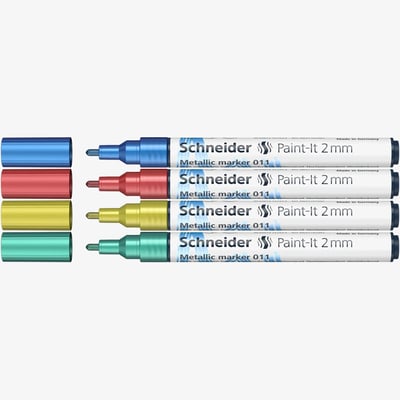 Schneider Paint-It 011 set of four 2mm metallic markers in a cardboard wallet, blue red yellow and green