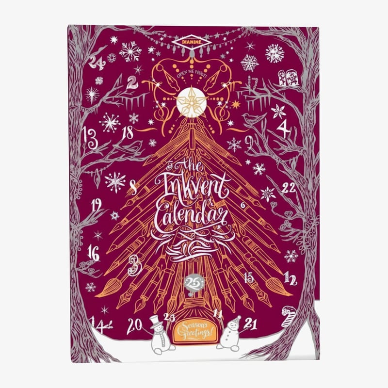 Burgundy Diamine Inkvent 2026 calendar box, front cover with numbered doors around a gold illustration of fountain pens and nibs
