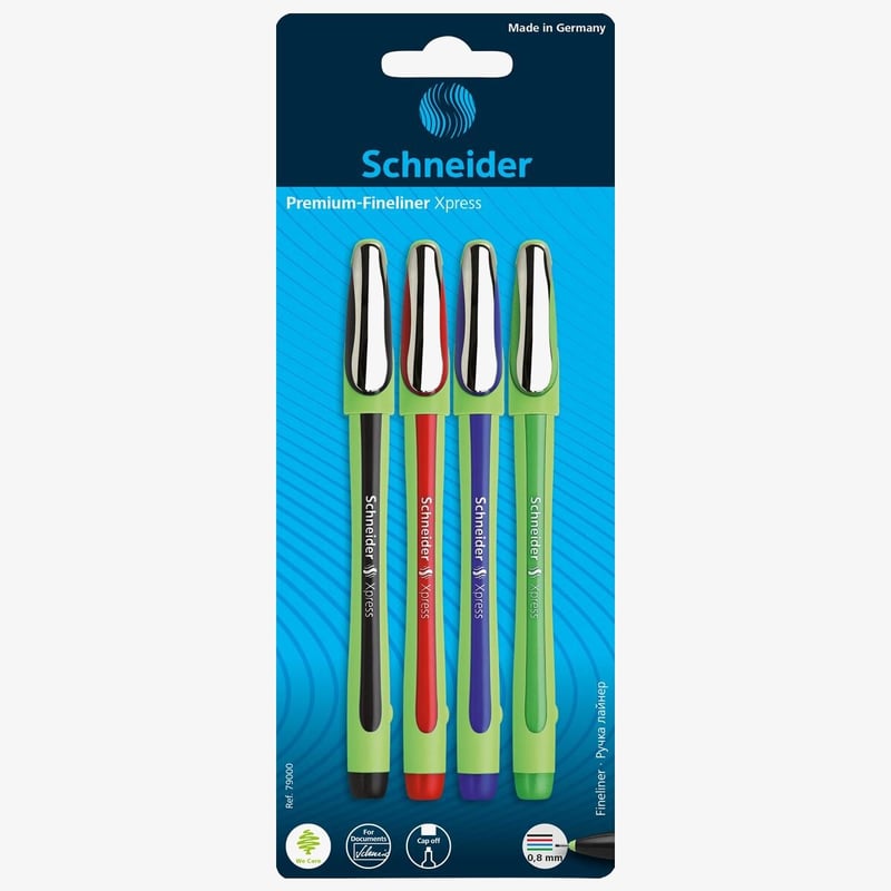 Blue blister card of four Schneider Xpress 0.8mm fineliners in black, red, blue and green