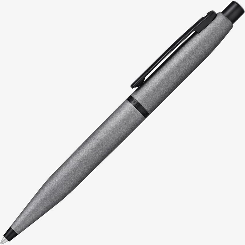 Matte gunmetal grey ballpoint pen with a black clip, push button and tip, shown diagonally on a plain background.