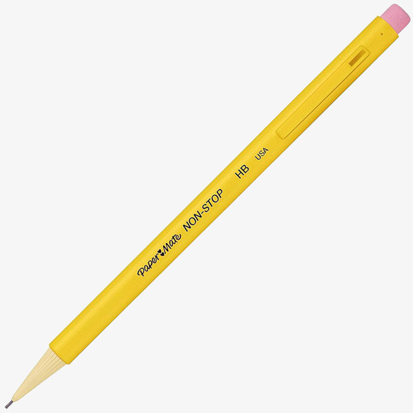 Yellow Paper Mate Non-Stop mechanical pencil with a pink eraser and pale yellow tip.
