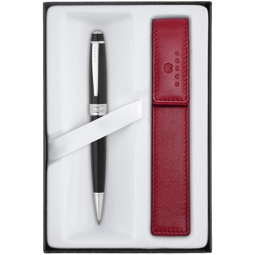 Cross Bailey Ballpoint Pen - Black Lacquer Chrome Trim in Luxury Gift Box with Free Red Pen Pouch - Picture 1
