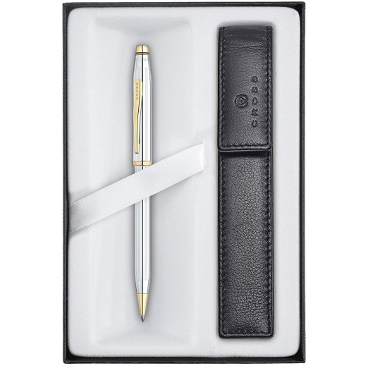 Cross Century II Ballpoint Pen - Medalist Chrome & Gold in Luxury Gift Box with Free Black Pen Pouch - Picture 1