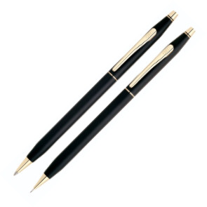 Cross Classic Century Ballpoint Pen & Pencil Set - Black Lacquer with 23KT Gold-Plated Trim