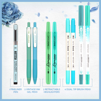 Writech Color Coded Journal Kit - Blue & Green (9 Piece, Pencil Case) - Picture 1