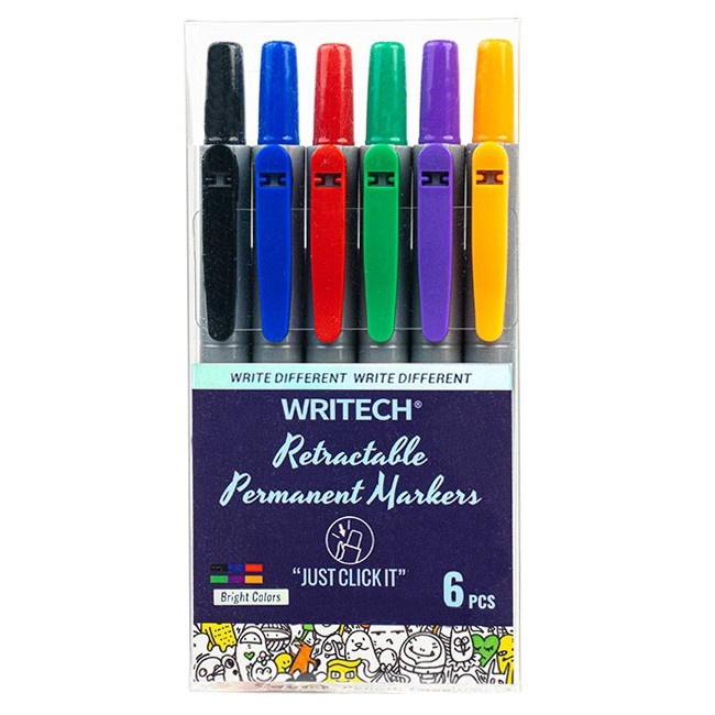 Writech Retractable Permanent Marker - Assorted (Pack of 6)