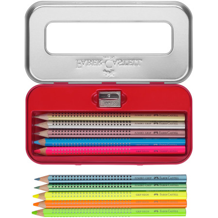 Faber-Castell Jumbo Grip Colouring Pencils - Assorted Neon & Metallic Colours (Tin of 10) - Picture 2