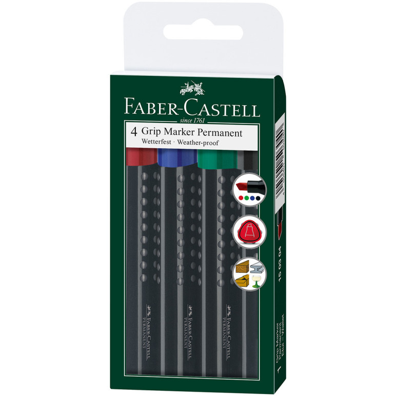 Faber-Castell Permanent Grip Marker - Chisel Tip - Assorted Colours (Wallet of 4)