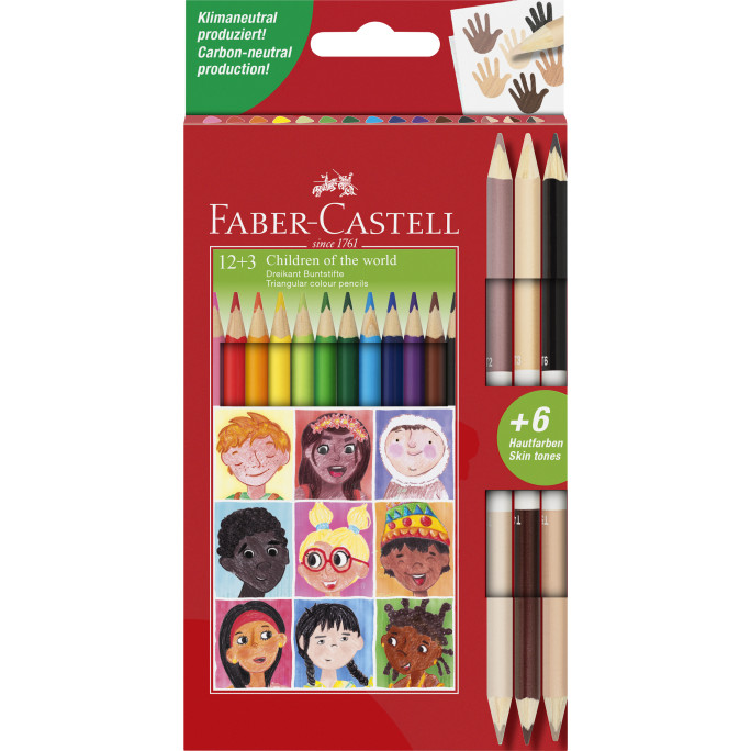Faber-Castell Triangular Colour Pencil - Pack of 12 + 3 Skintones
