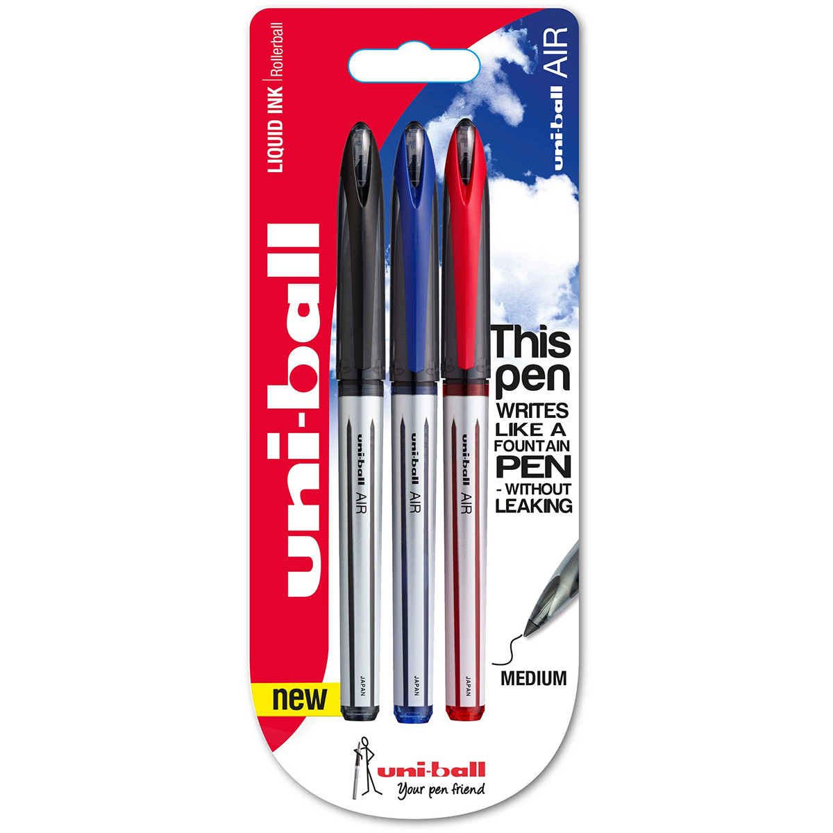 Uni-Ball UBA-188-L-AIR Rollerball Pens - Assorted Colours (Blister of 3)