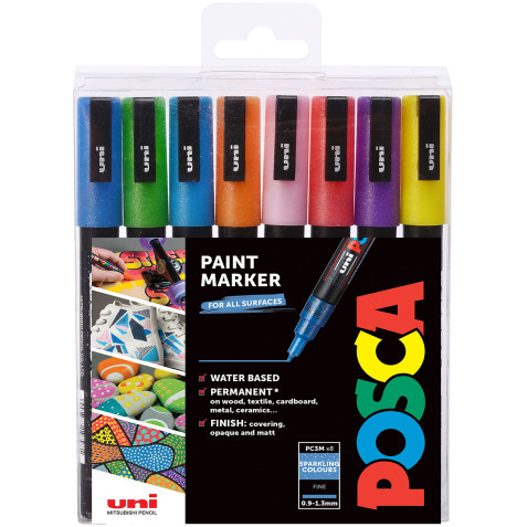 POSCA PC-3M Fine Bullet Tip Marker Pens - Sparkling Colours (Pack of 8)