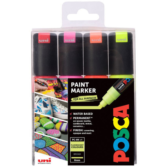 POSCA PC-8K Broad Chisel Tip Marker Pens - Fluorescent Colours (Pack of 4)