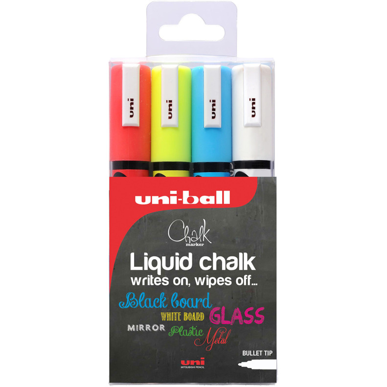 Uni-Ball PWE-5M ChalkGlass Markers - Bullet Tip - Assorted Colours (Pack of 4)
