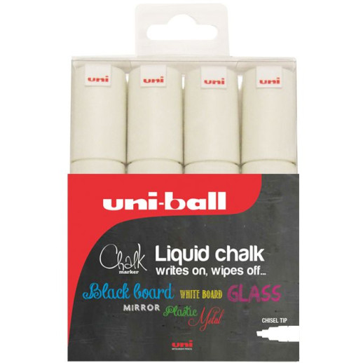 Uni-Ball PWE-8K ChalkGlass Markers - Chisel Tip - White (Pack of 4)
