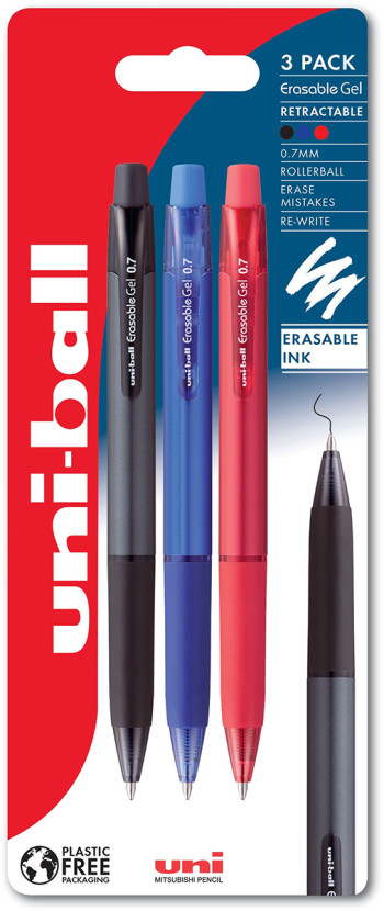 Uni-Ball URN-181-07 Eraseable Retractable Rollerball Pen - Assorted Colours (Pack of 3)