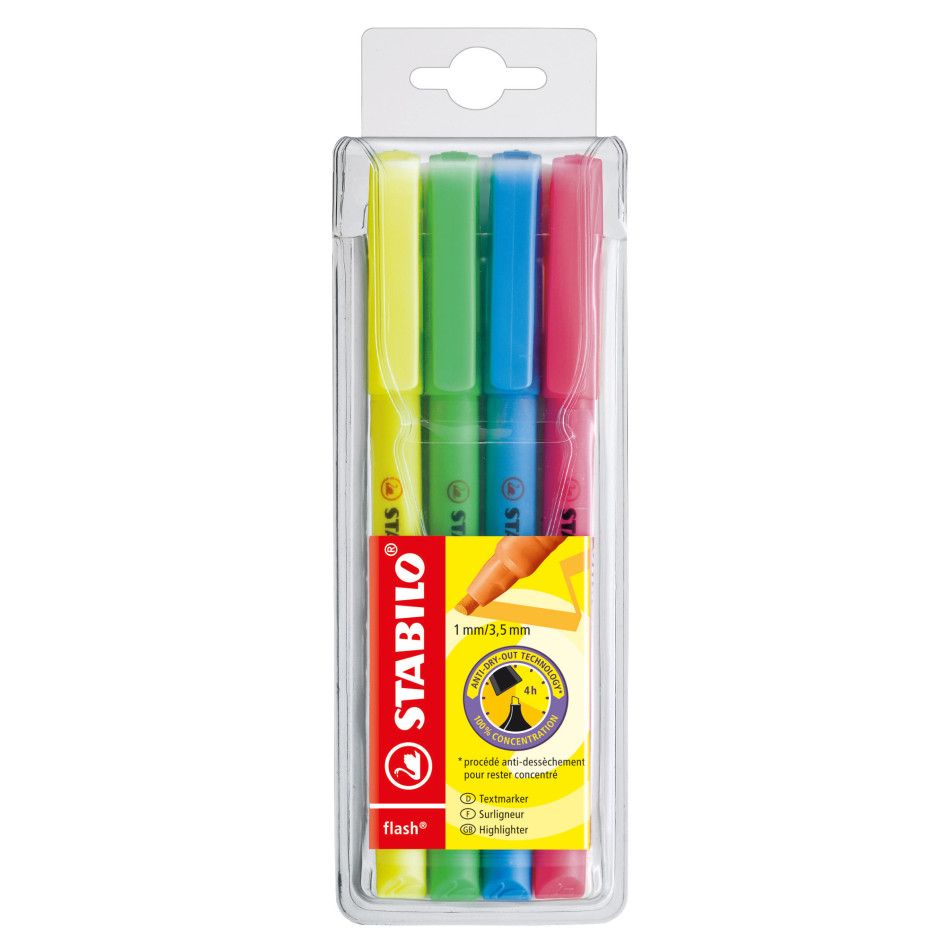 STABILO flash Highlighter - Wallet of 4 - Assorted Colours