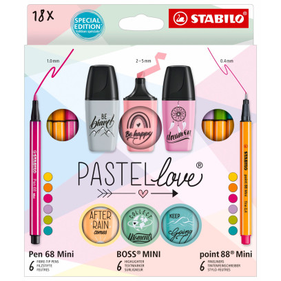 STABILO Pastelove Pen Set -  Point 88 Mini, Pen 68 Mini & BOSS MINI - Pack of 18 - Assorted Colours