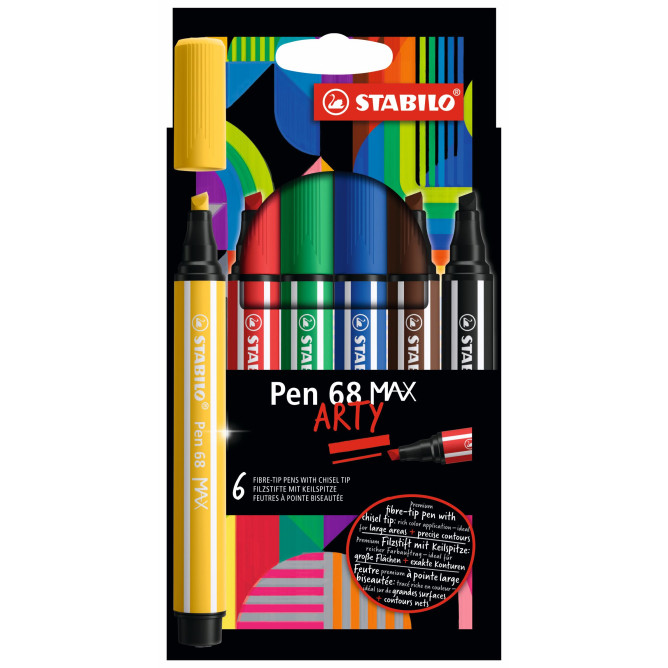 STABILO Pen 68 MAX Fibre Tip Pen - ARTY - Pack of 6 - Assorted Colours