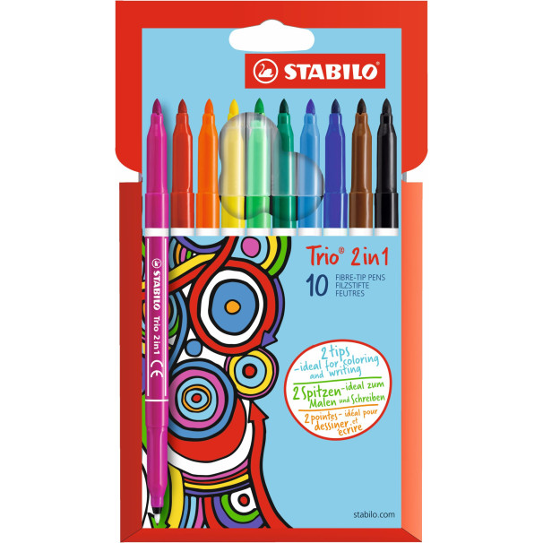 STABILO Trio 2 in 1 Fibre Tip Pen - Wallet of 10 - Assorted Colours