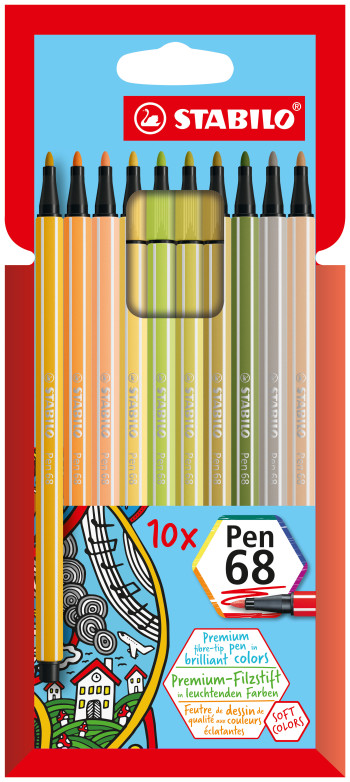 STABILO Pen 68 Fibre Tip Pen - Wallet of 10 - Assorted Colours