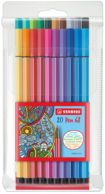 STABILO Pen 68 Fibre Tip Pen - Wallet of 20 - Assorted Colours