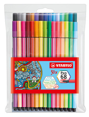 STABILO Pen 68 Fibre Tip Pen - Wallet of 30 - Assorted Colours including 6 Neon
