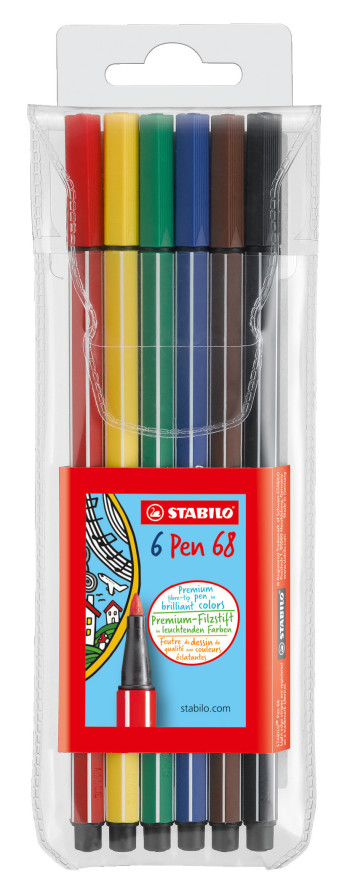 STABILO Pen 68 Fibre Tip Pen - Wallet of 6 - Assorted Colours